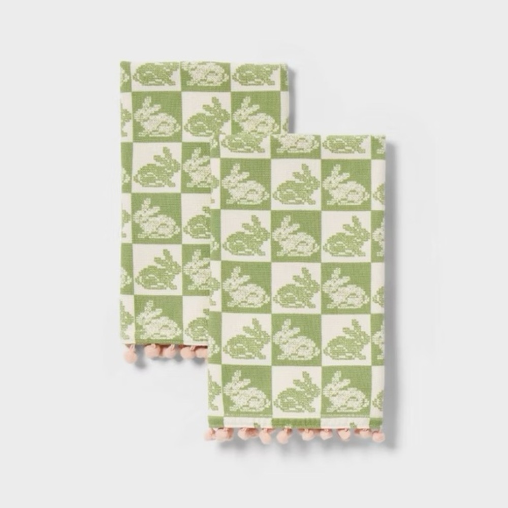 2pk nwt Easter Bunny Check Pink Pom Hand Towel Green - Threshold